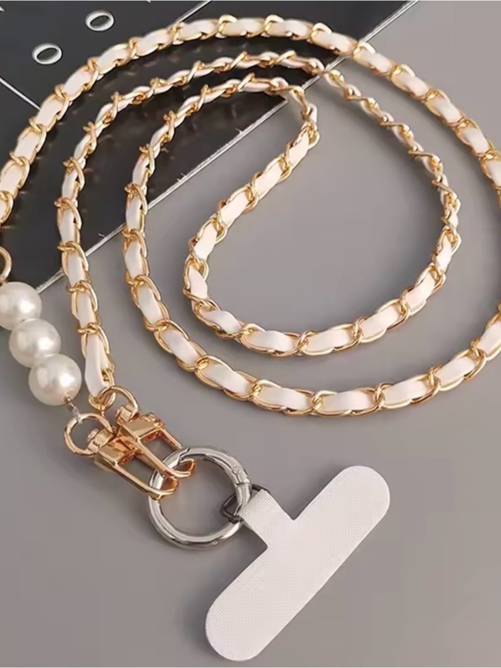 Pearl & Chain Phone Lanyard - White and Gold